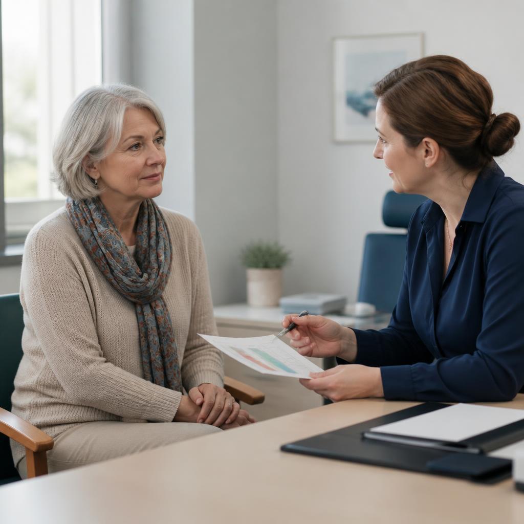 A clinician and patient sit together in a consultation, discussing a document and treatment questions.