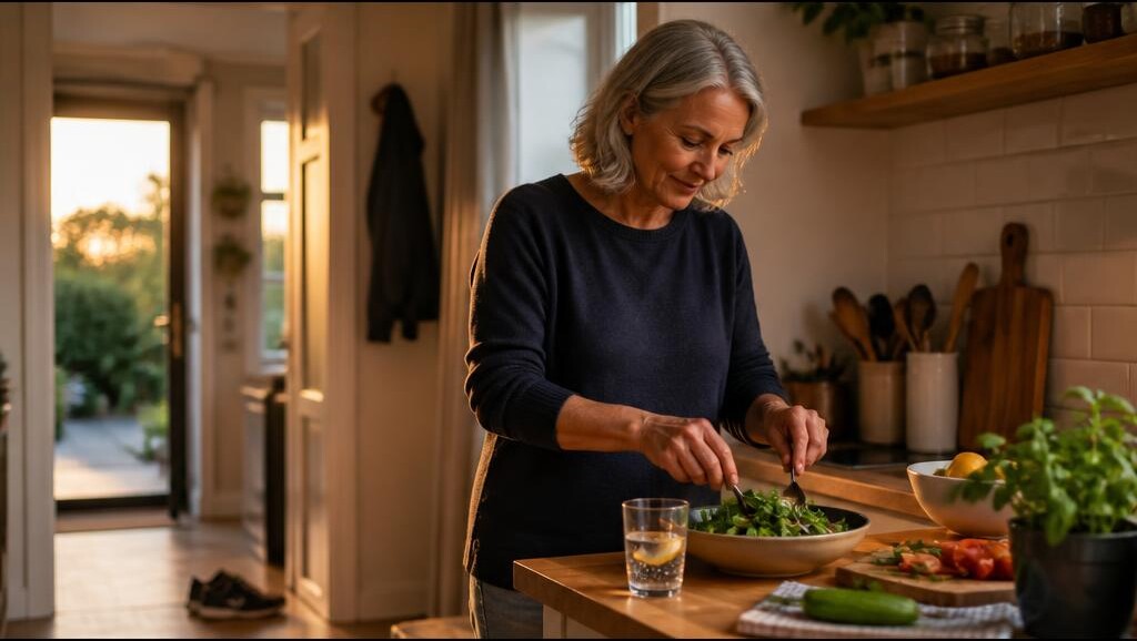 An adult in their fifties prepares dinner in a home kitchen at dusk, with a sparkling water and citrus on the counter.