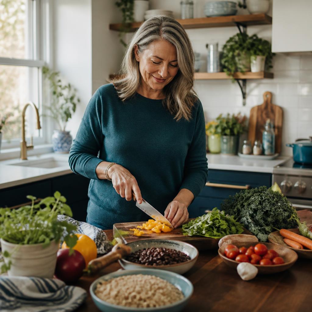 A woman prepares a colourful meal with leafy vegetables, beans and whole grains in a bright home kitchen.