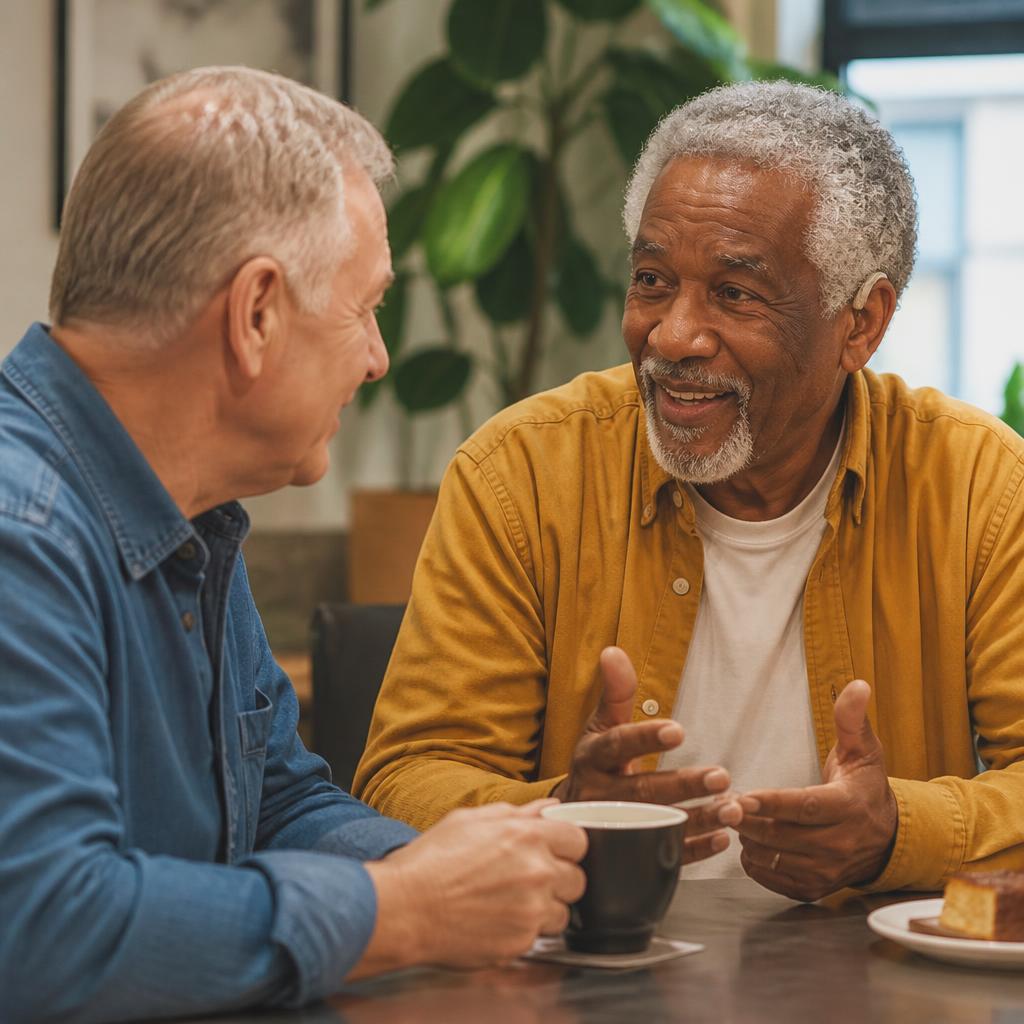 Two older men share an engaged conversation over coffee in a relaxed café.