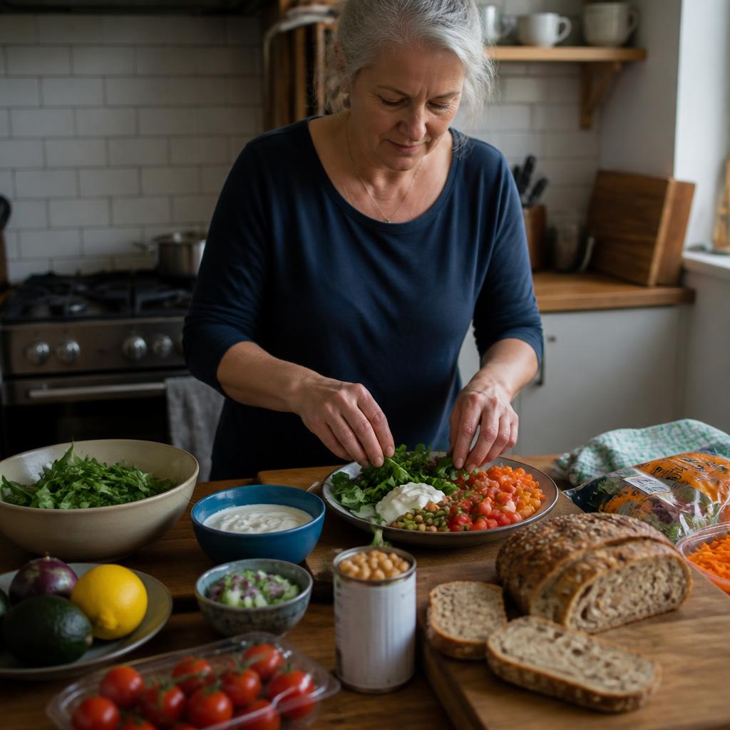 A woman prepares a colourful meal with vegetables, pulses, bread and convenient ingredients in a home kitchen.